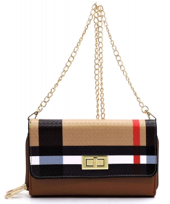 Plaid Check Twist Lock Double Zip Around Crossbody BT2746 TAN